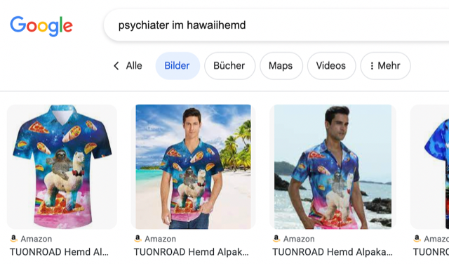 Screenshot einer Googlesuche für Hawaiihemden