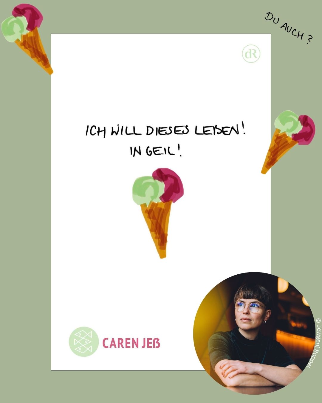 Eine Frau sitzt vor einem dunklen Hintergrund und blickt nachdenklich. Oben steht der Text 