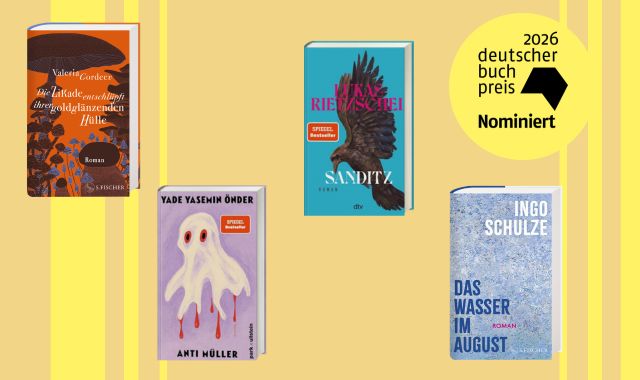 Auf gelb gestreiftem Grunde sind vier Buchcover und ein Sticker mit „2026 deutscher buch preis Nominiert“ zu sehen. Die Bücher sind von Valeria Gordeev, Yade Yasemin Önder, Lukas Rietzschel und Ingo Schulze.