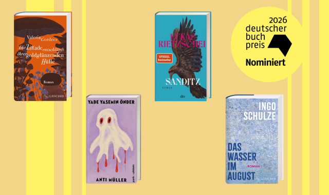 Auf gelb gestreiftem Grunde sind vier Buchcover und ein Sticker mit „2026 deutscher buch preis Nominiert“ zu sehen. Die Bücher sind von Valeria Gordeev, Yade Yasemin Önder, Lukas Rietzschel und Ingo Schulze.